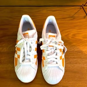 Men’s 7.5 size, Adidas white and orange sneakers Worn once. Excellent condition
